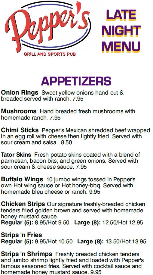 Menus Peppers Sports Pub