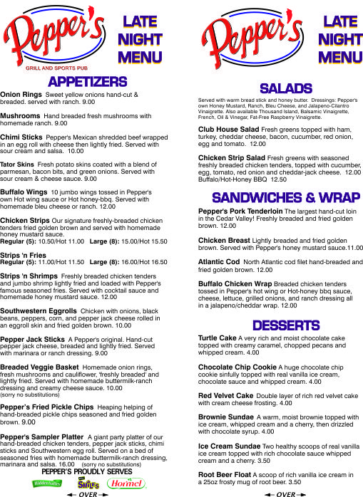 Menus Peppers Sports Pub