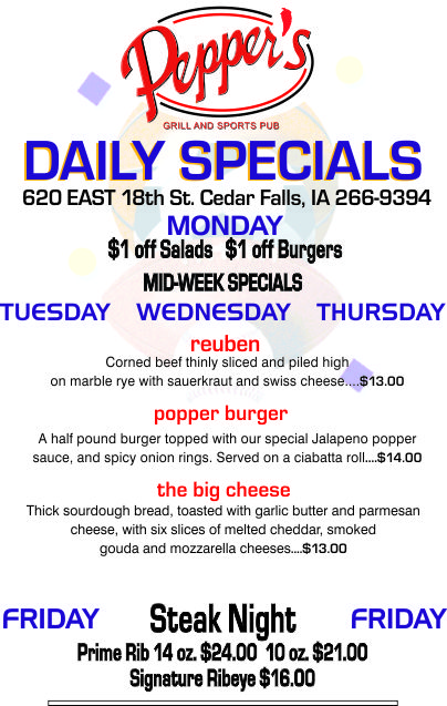 Daily Specials - Peppers Sports Pub